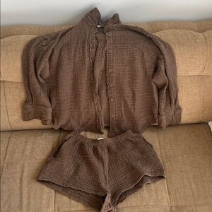 Brown Textured Button-Up Shirt and Shorts Set